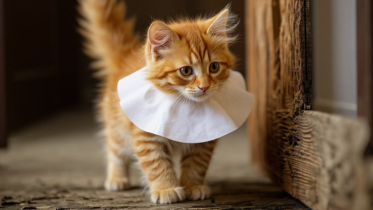 Kitten draagt  zachte, diervriendelijke kattenkraag.